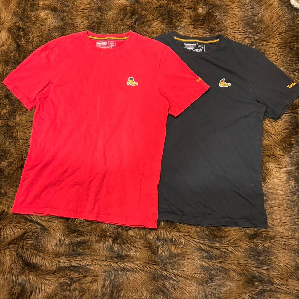 Set of 2 Red and Black Timberland t-shirts w Boot Embroidered Patch Logo Size M